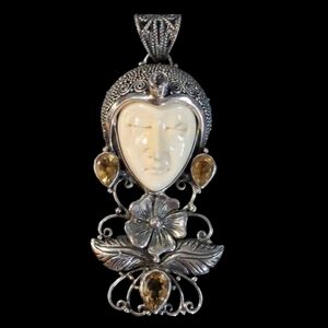 Vintage Sajen Sterling Silver Carved Goddess Face & Floral Pendant w/Citrine